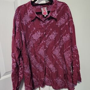 Johnny Was L/S Embroidered Tunic Top w/ Scalloped Hem" in cranberry